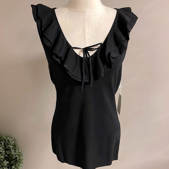 FRAME women’s ruffled deep V neck sleeveless sweater knit top black NEW! Size L - Picture 1 of 11